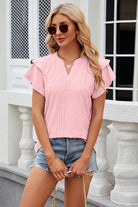 Eyelet Notched Short Sleeve T-Shirt Trendsi