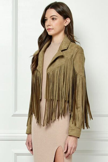 Veveret Suede Fringe Long Sleeve Moto Jacket Trendsi