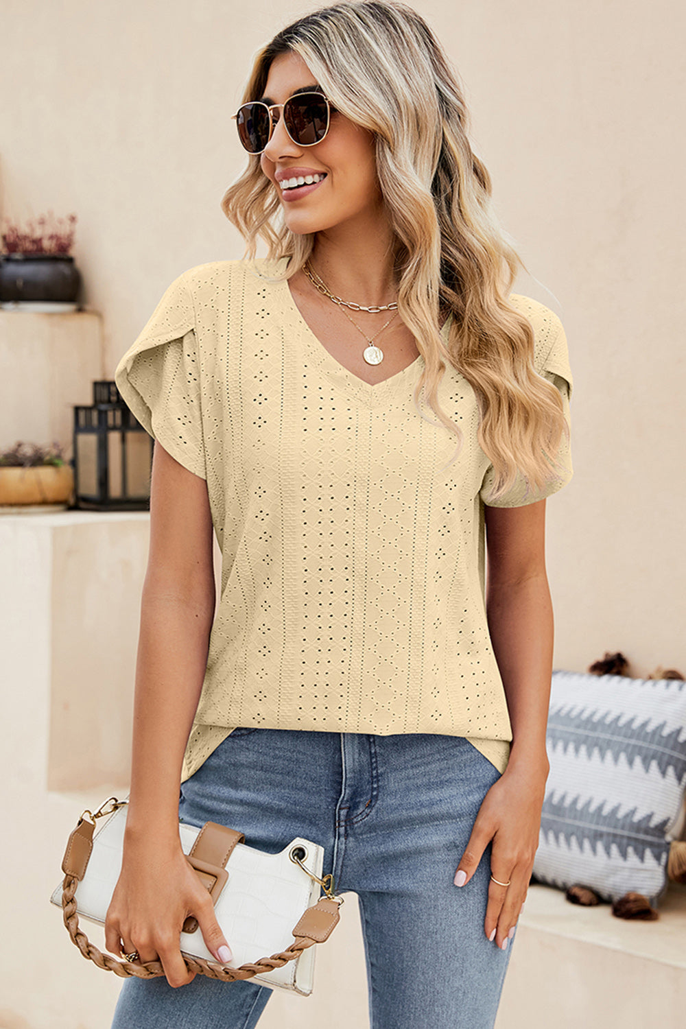 Eyelet V-Neck Petal Sleeve T-Shirt Trendsi