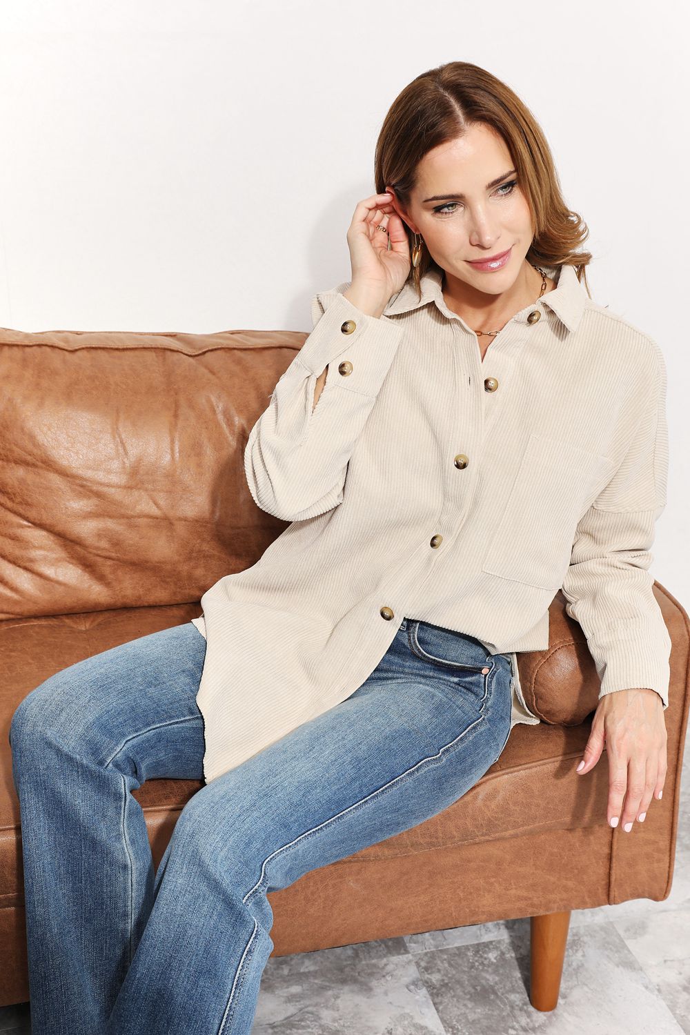 HEYSON Full Size Oversized Corduroy  Button-Down Tunic Shirt with Bust Pocket Trendsi