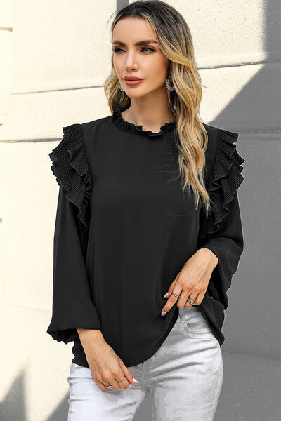 Ruffled Round Neck Long Sleeve Blouse Trendsi