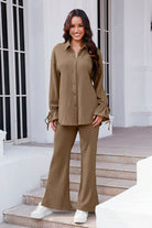 Drawstring Flounce Sleeve Shirt and Pants Set Trendsi