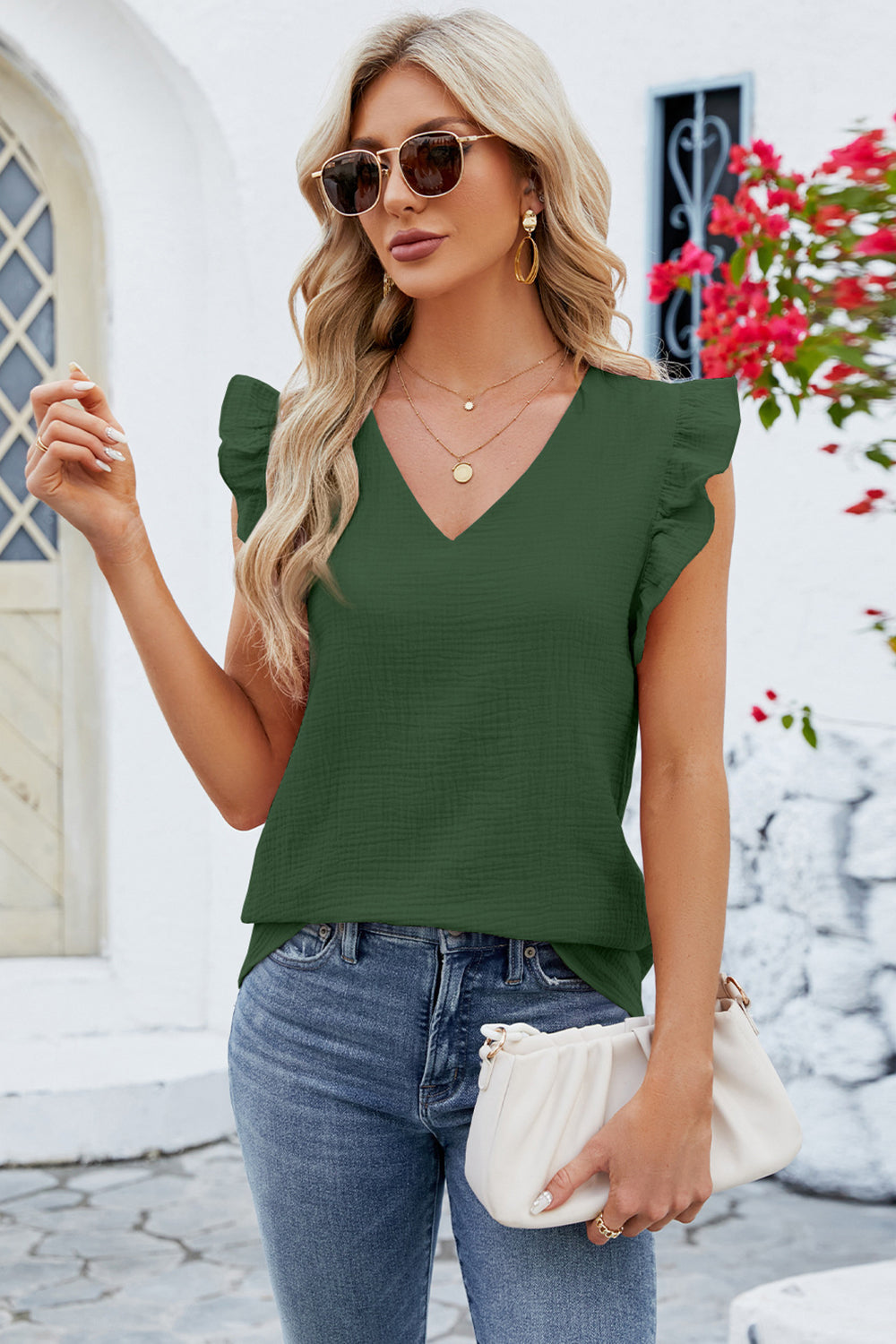 Ruffled V-Neck Cap Sleeve Blouse Trendsi