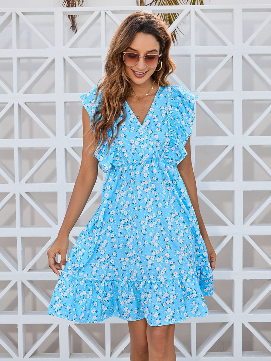 Ruffled Ditsy Floral Surplice Mini Dress Trendsi