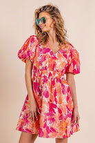 BiBi Floral V-Neck Puff Sleeve Mini Dress Trendsi