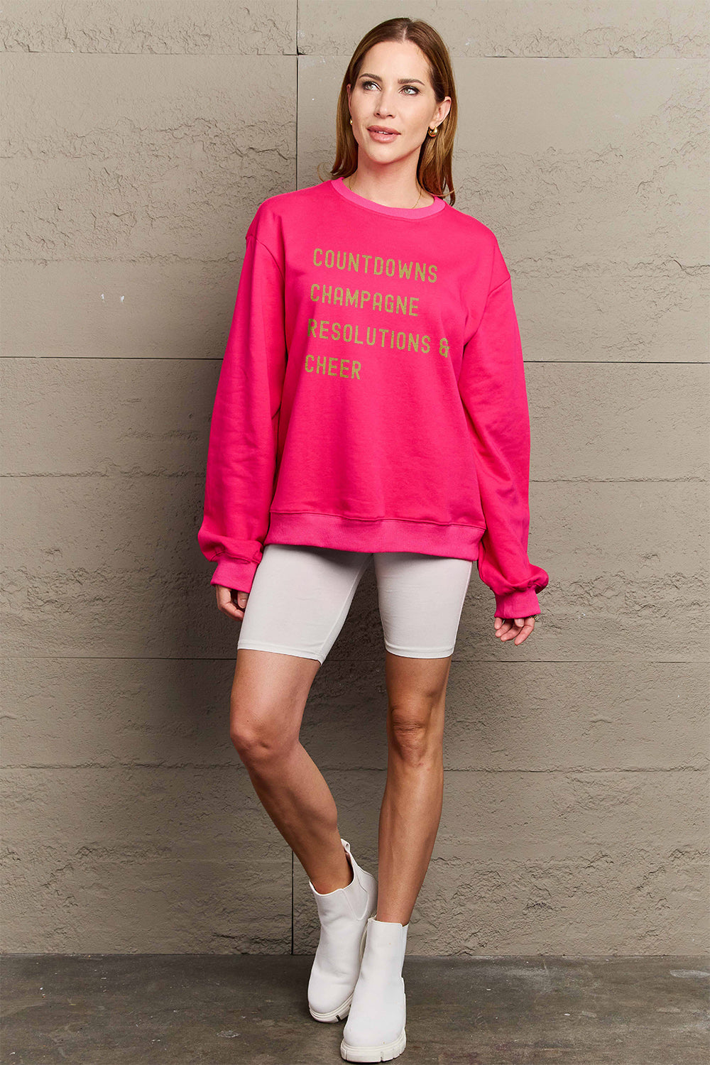 Simply Love Full Size COUNTDOWNS CHAMPAGNE RESOLUTIONS & CHEER Round Neck Sweatshirt Trendsi