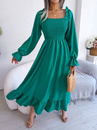 Smocked Square Neck Flounce Sleeve Dress Trendsi