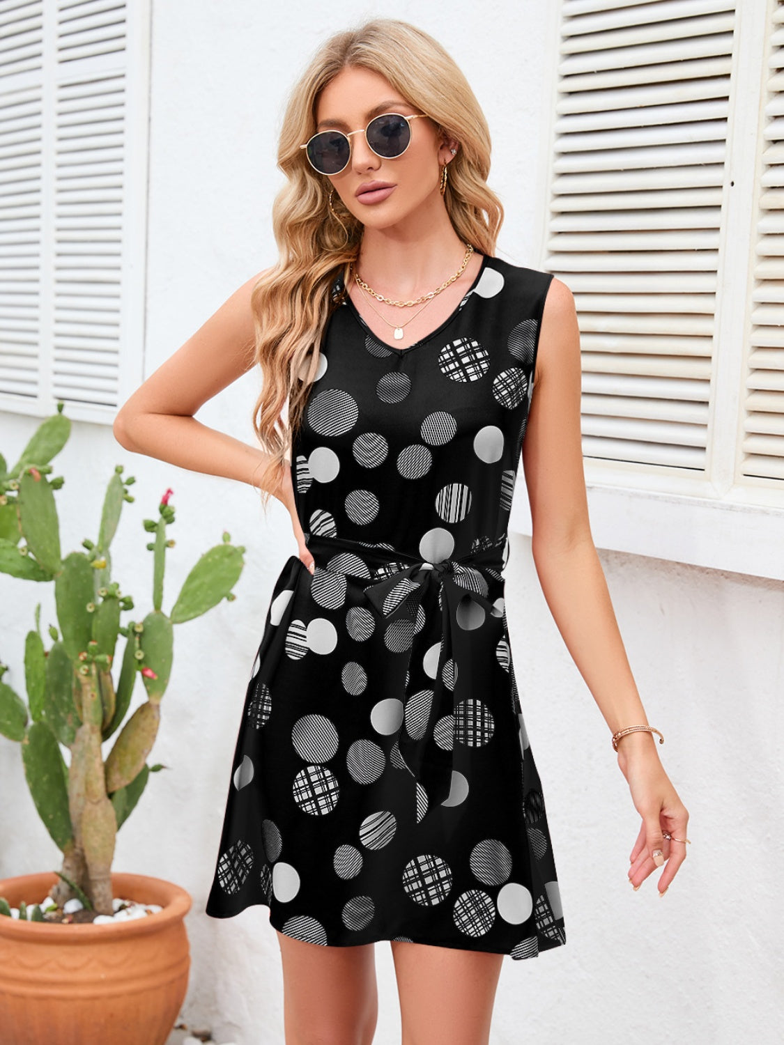 Tied Polka Dot V-Neck Dress Trendsi