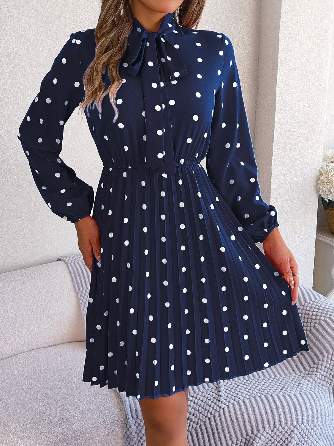 Polka Dot Tie Neck Pleated Dress Trendsi