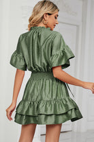 Smocked Tie Neck Flounce Sleeve Dress Trendsi