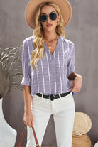 Striped Notched Long Sleeve Shirt Trendsi