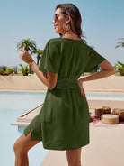 Smocked V-Neck Short Sleeve Dress Trendsi