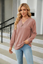 Decorative Button V-Neck Long Sleeve T-Shirt Trendsi