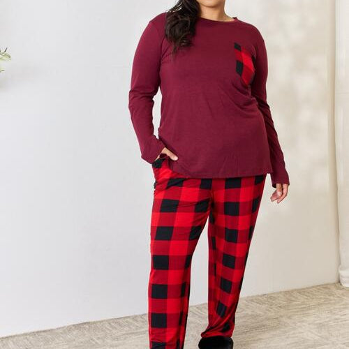Zenana Full Size Plaid Round Neck Top and Pants Pajama Set Trendsi
