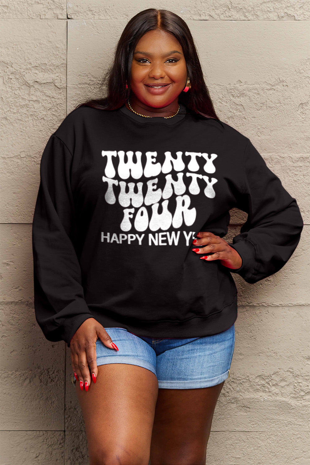 Simply Love Full Size TWENTY TWENTY FOUR HAPPY NEW YEAR Dropped Shoulder Sweatshirt Trendsi