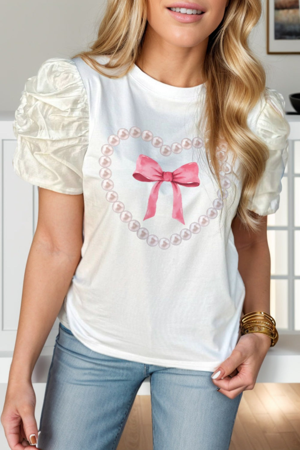 Bow Graphic Round Neck Short Sleeve Blouse Trendsi