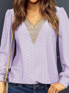 Eyelet V-Neck Long Sleeve Blouse Trendsi