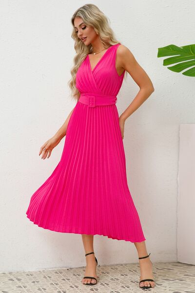 Surplice Sleeveless Midi Pleated Dress Trendsi