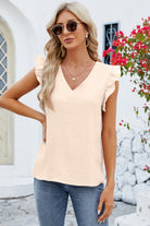 Ruffled V-Neck Cap Sleeve Blouse Trendsi