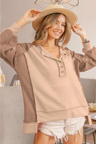 BiBi Half Button Exposed Seam Contrast Waffle Top Trendsi