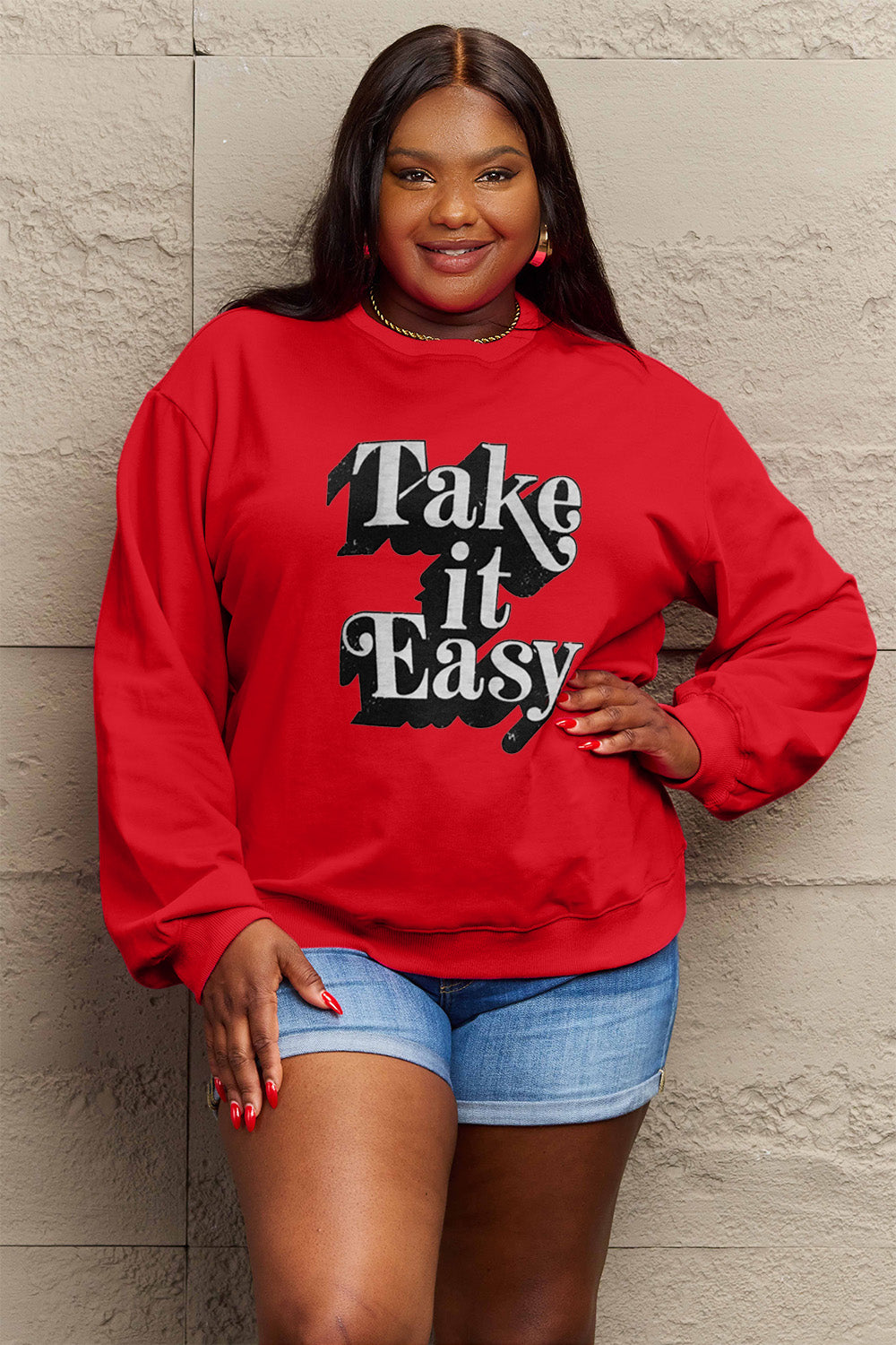 Simply Love Full Size TAKE IT EASY Graphic Sweatshirt Trendsi