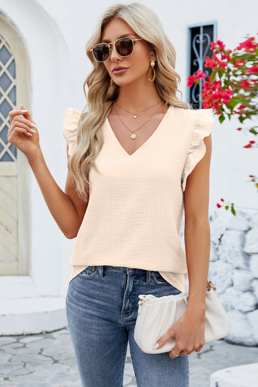 Ruffled V-Neck Cap Sleeve Blouse Trendsi