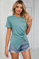 Ruched Round Neck Short Sleeve T-Shirt Trendsi
