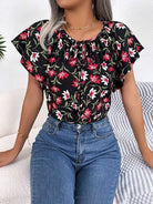 Floral Tie Neck Flutter Sleeve Blouse Trendsi