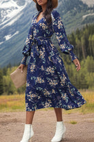 Printed Notched Lantern Sleeve Midi Dress Trendsi