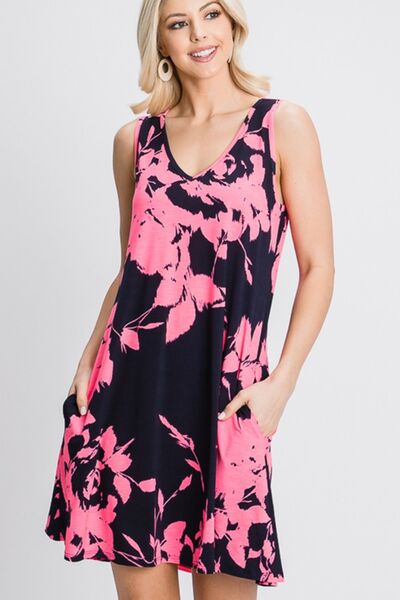 Heimish Full Size Floral V-Neck Tank Dress with Pockets Trendsi