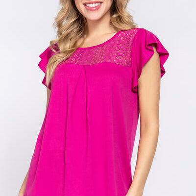 ACTIVE BASIC Ruffle Short Sleeve Lace Detail Knit Top Trendsi