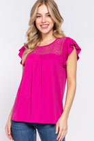 ACTIVE BASIC Ruffle Short Sleeve Lace Detail Knit Top Trendsi