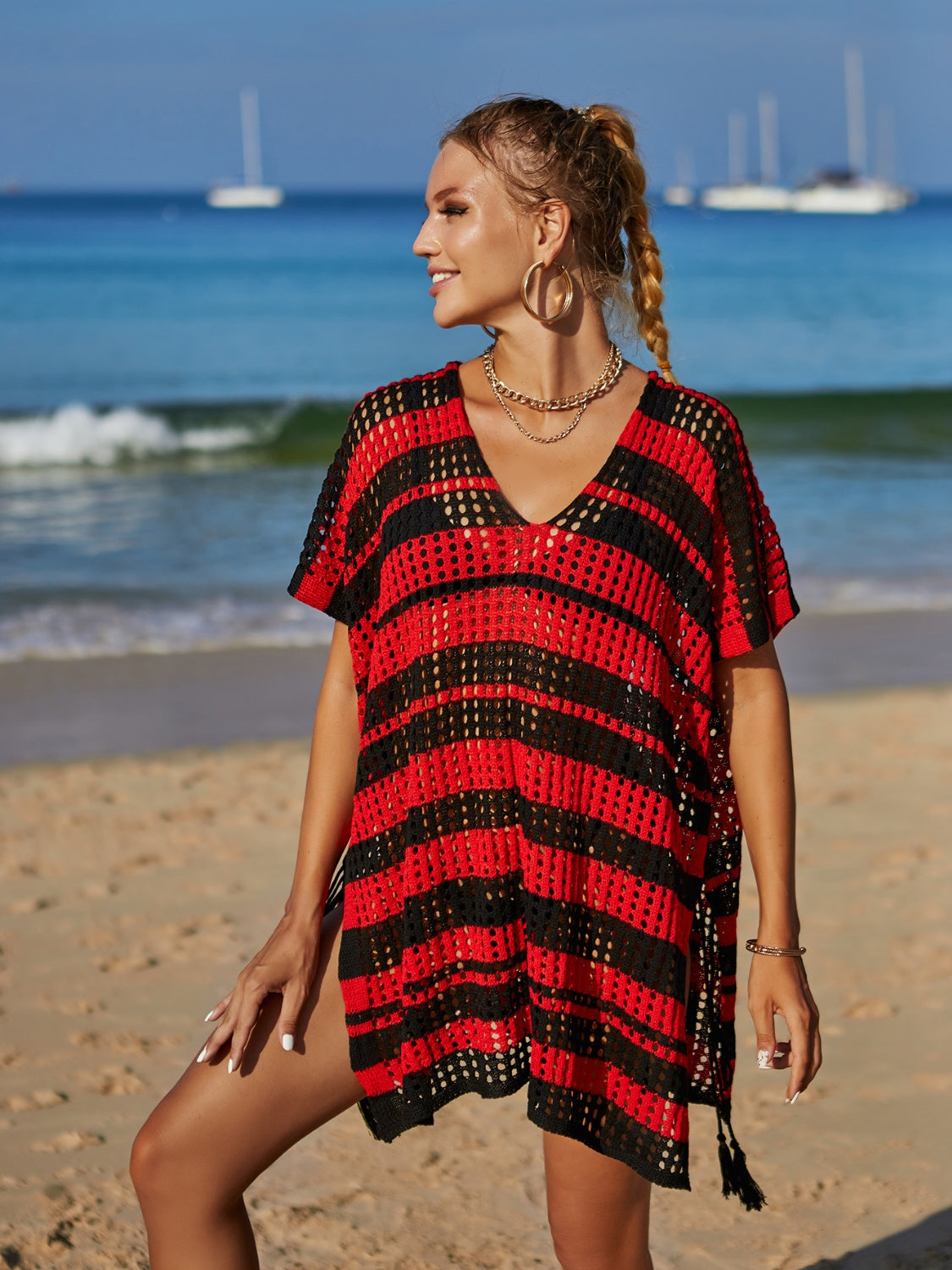 Tassel Openwork Striped V-Neck Cover Up Trendsi