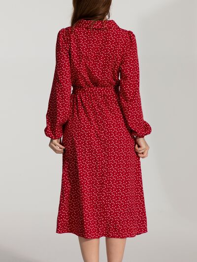 Tied Printed Button Up Balloon Sleeve Dress Trendsi