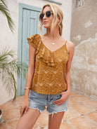 Polka Dot Ruffle Trim Asymmetrical Tank Top Trendsi