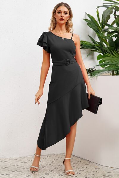 Ruffled Asymmetrical Neck Flutter Sleeve Dress Trendsi