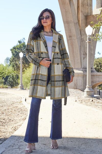 Double Take Full Size Plaid Button Up Lapel Collar Coat Trendsi