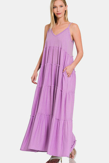 Zenana Frill Tiered V-Neck Maxi Cami Dress Trendsi