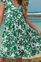 Ruffled Printed V-Neck Cap Sleeve Dress Trendsi