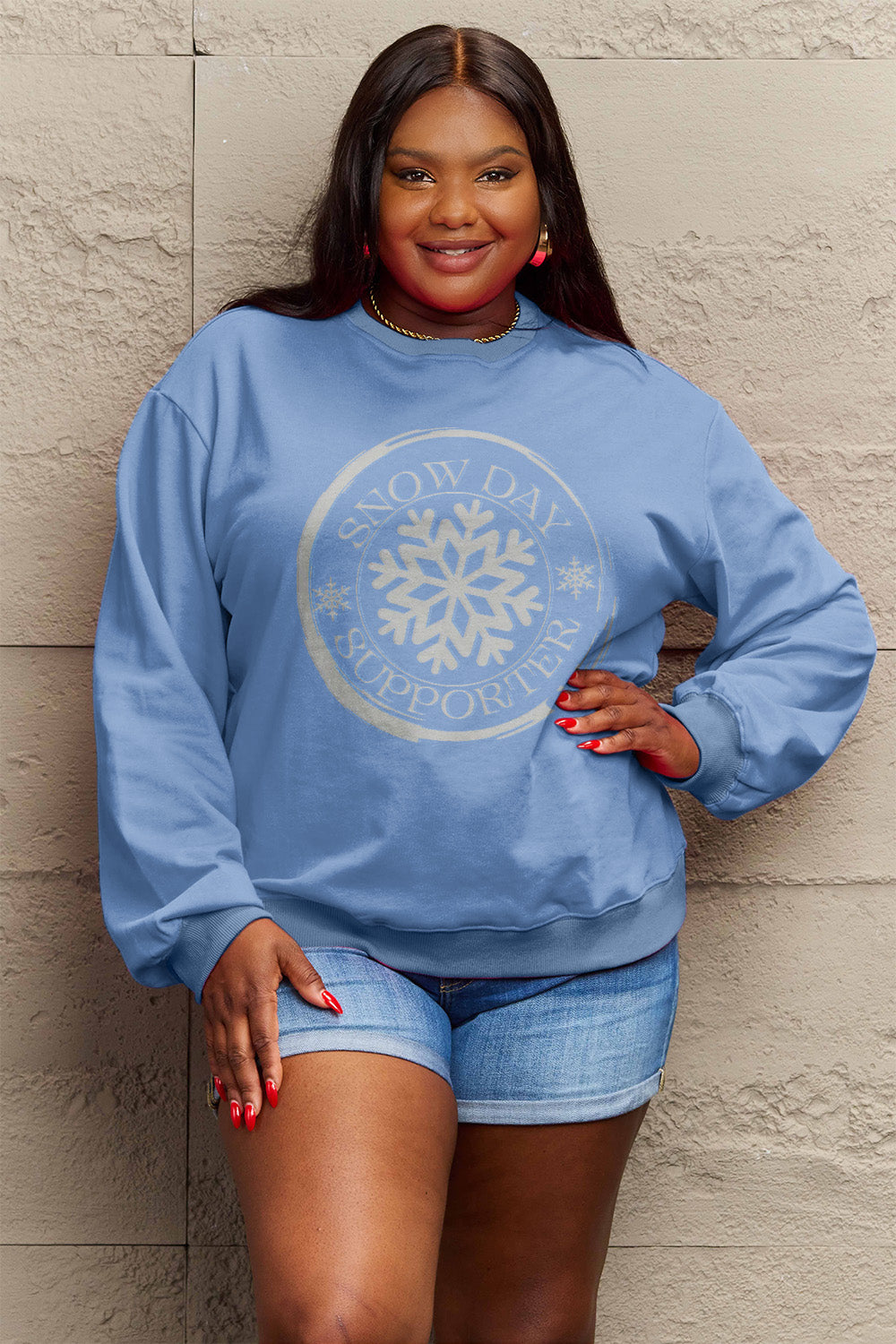 Simply Love Full Size SNOW DAY SUPPORTER Round Neck Sweatshirt Trendsi