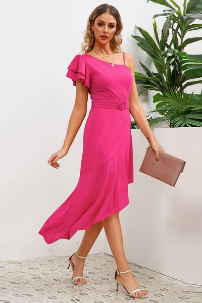 Ruffled Asymmetrical Neck Flutter Sleeve Dress Trendsi