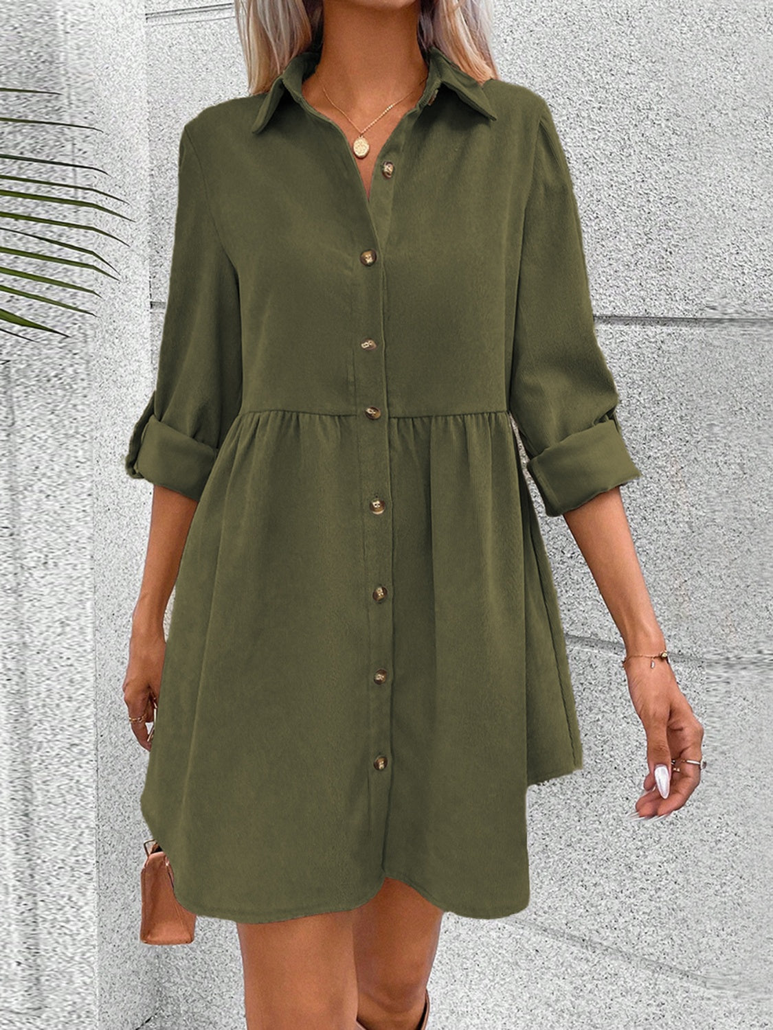 Button Up Collared Neck Long Sleeve Dress Trendsi