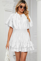 Smocked Tie Neck Flounce Sleeve Dress Trendsi