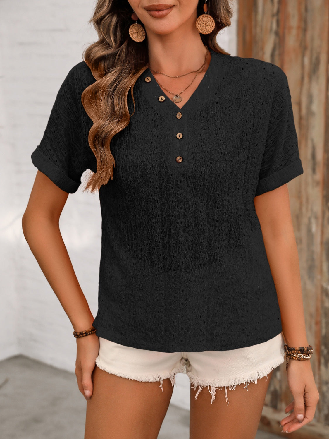 Eyelet V-Neck Short Sleeve Top Trendsi