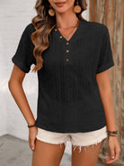 Eyelet V-Neck Short Sleeve Top Trendsi