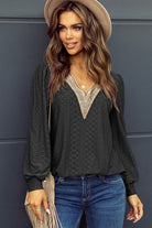 Eyelet V-Neck Long Sleeve Blouse Trendsi