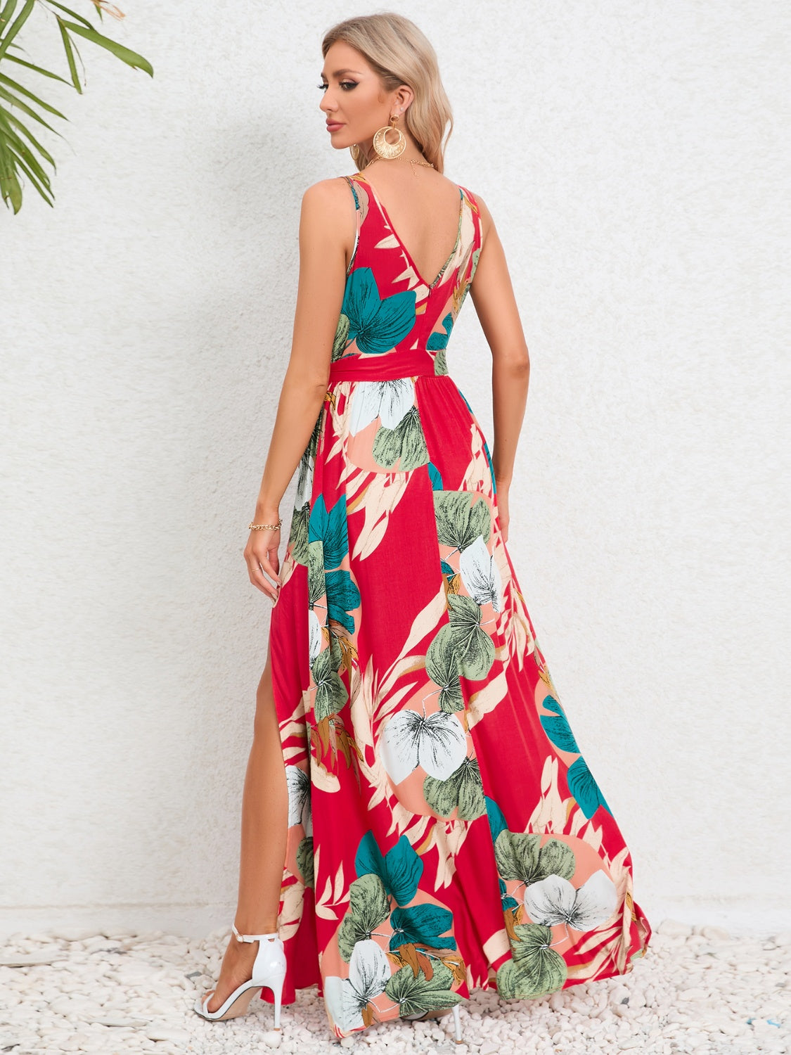 Slit Tied Printed Surplice Dress Trendsi