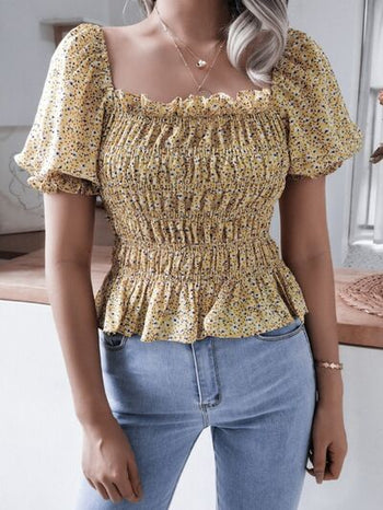 Frill Smocked Square Neck Short Sleeve Blouse Trendsi