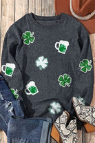 Lucky Clover Beer Sequin Round Neck Sweatshirt Trendsi