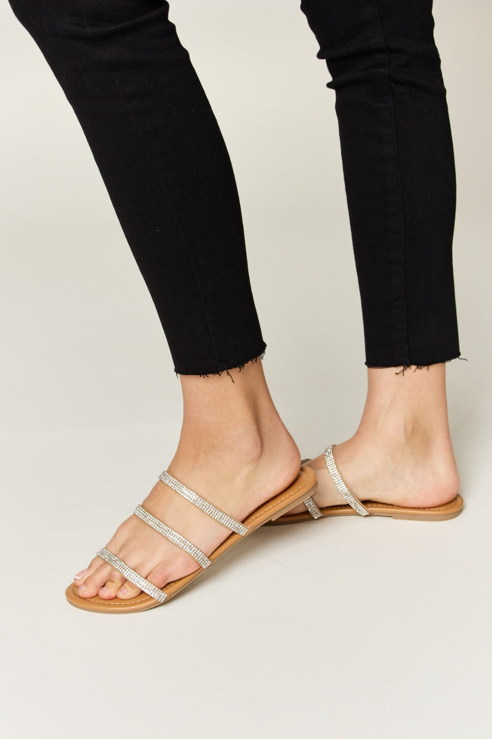 WILD DIVA Rhinestone Three-Strap Flat Sandals Trendsi